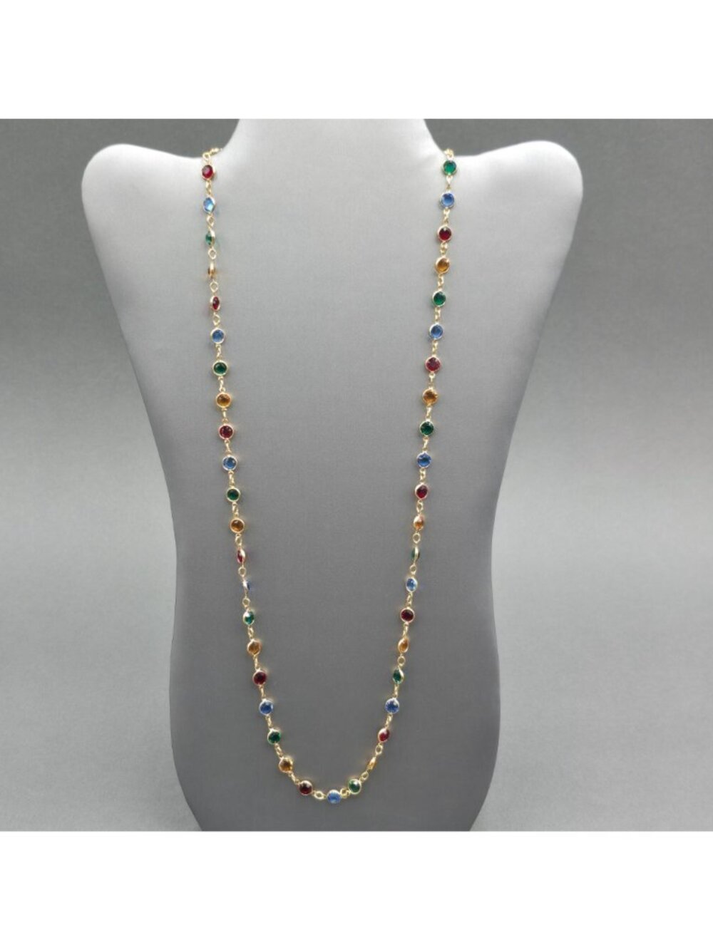 Gold Plated Multi Color Crystal Station Necklace 28" Bezel Glass Disk - Picture 8 of 8